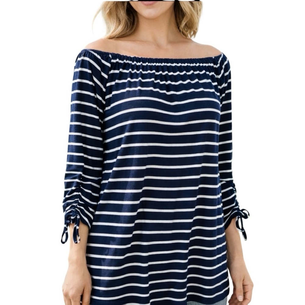 Cotton On Navy and White Striped On/Off-Shoulder Top, tie sleeve, sz S